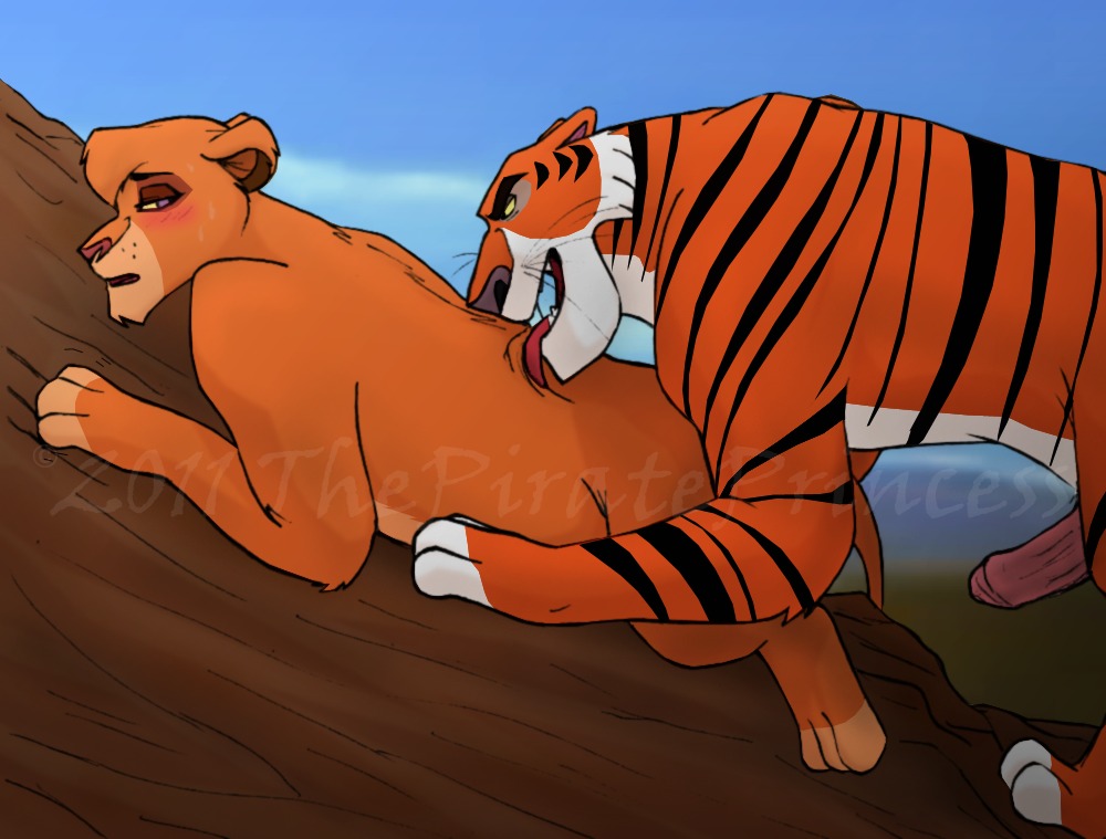 bengal_tiger blush bodily_fluids countershading crossover digitigrade disney duo e621 erection felid female feral feral_on_feral genitals imminent_sex licking lion male mammal outside pantherine penis quadruped shere_khan sweat tail talespin the_jungle_book the_lion_king thepirateprincess tiger tongue tongue_out vitani_(the_lion_king)
