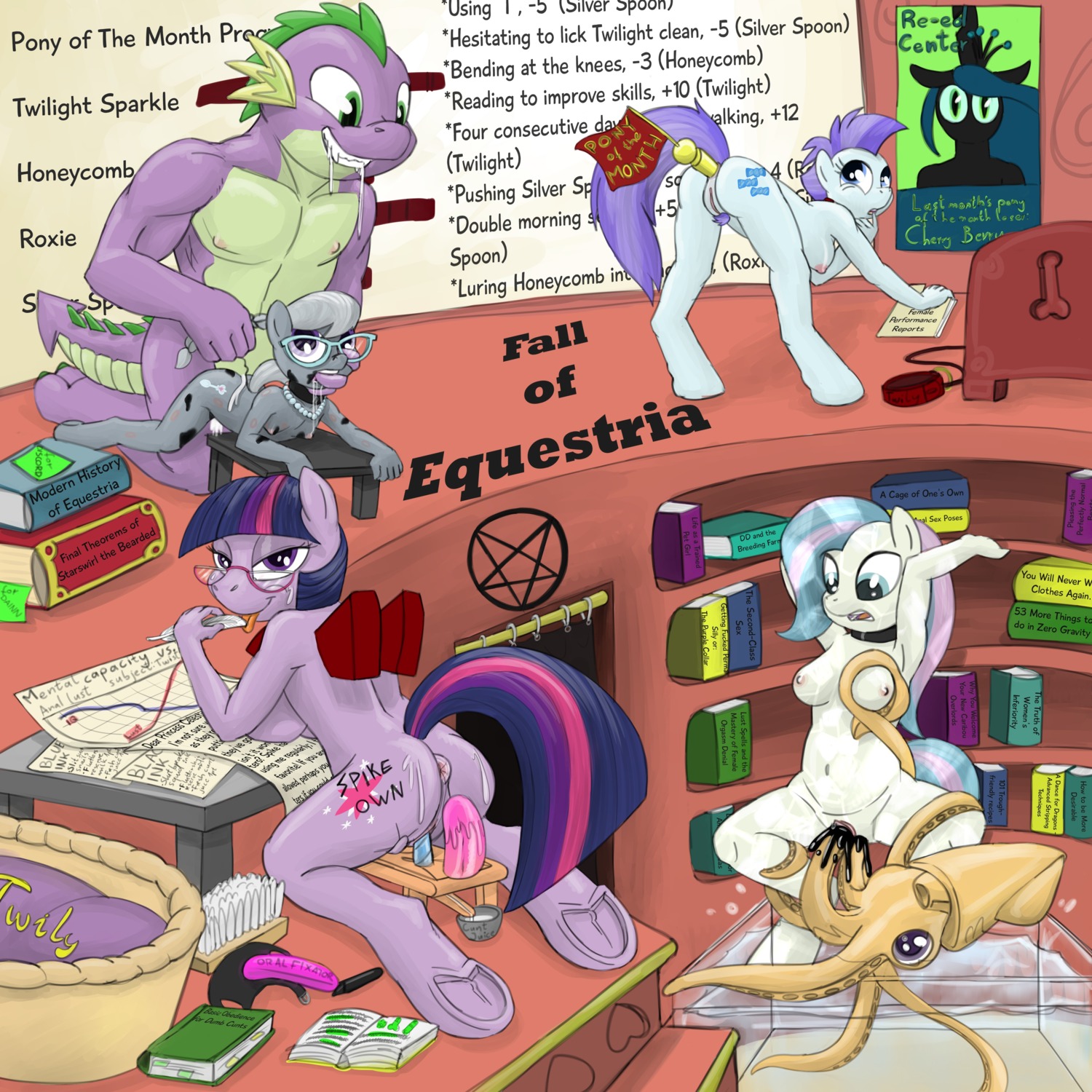 1:1 2013 absurd_res anal anal_penetration anthro anthrofied aquatic black_collar book breasts cephalopod coleoid collar cutie_mark decapodiform digital_media_(artwork) dildo dildo_sitting dragon e621 earth_pony english_text equid equine eyewear fall_of_equestria female finger_fetish finger_in_mouth finger_play fingers friendship_is_magic fur genitals glasses group hair hasbro hi_res horn horse inside interspecies inverted_pentacle jewelry looking_at_viewer loose_feather male male/female mammal mollusk multicolored_hair my_little_pony mythological_creature mythological_equine mythological_scalie mythology necklace nipples occult_symbol penetration pentacle pentagram pocketed_wings pony purple_body purple_fur purple_hair quill red_collar roxie_(mlp) scalie sex sex_toy silver_spoon_(mlp) smudge_proof spike_(mlp) symbol tail tentacles text twilight_sparkle_(mlp) two_tone_hair unicorn vaginal vulva young young_anthro