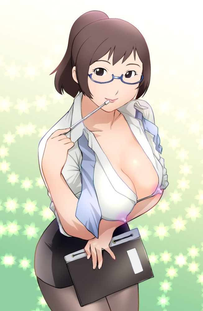 book breasts cleavage female glasses nipples rule34 sensei smile teacher