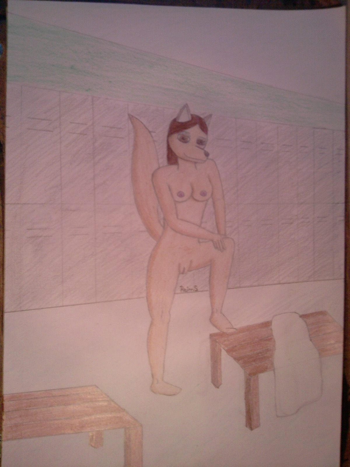 3:4 anthro biped black_nose breasts brown_eyes brown_hair canid canine e621 eyebrows feet female fluffy fluffy_tail fur genitals grandfathered_content hair half-closed_eyes hi_res inside locker_room long_hair looking_at_viewer mammal narrowed_eyes nipples nude pink_nipples reims signature slim smile solo tail tan_body tan_fur towel vulva