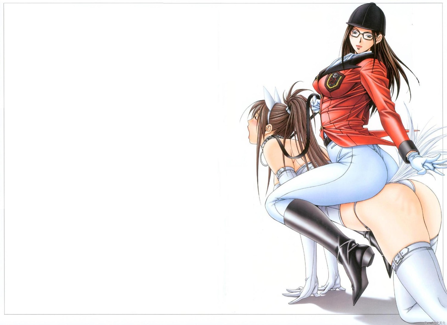2girls all_fours animal_ear arched_back ass black_hair blush bondage boots breasts brown_hair bunny_ear closed_eyes collar corset elbow_gloves female g-taste glasses gloves hat highres horse human_chair human_furniture kannazuki_mai large_breasts leash lipstick looking_back makeup multiple_females multiple_girls open_mouth panties pet_play ponyplay riding riding_boots riding_outfit rule34 shihoudou_yuki sitting sitting_on_person spanked thighhighs underwear wallpaper white_legwear white_panties white_thighhighs yagami_hiroki yuri
