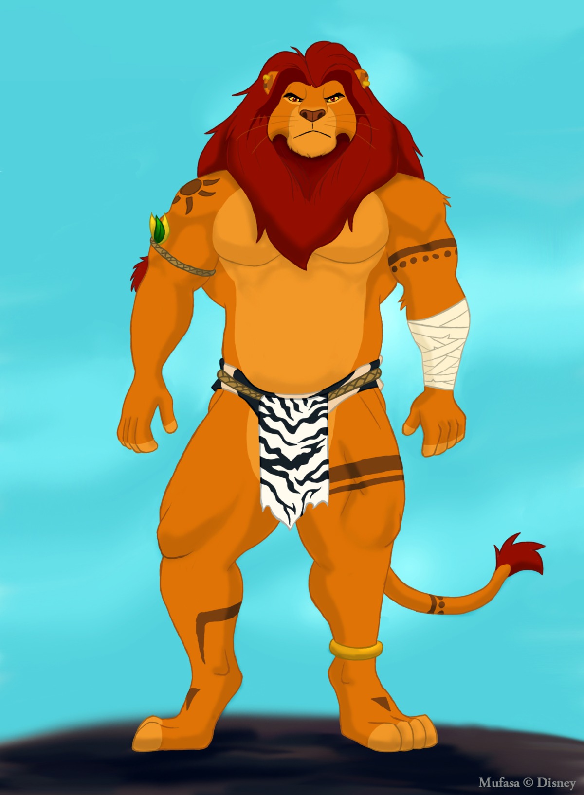 anthro anthrofied bottomwear clothing digitigrade disney e621 ear_piercing felid front_view hi_res lion loincloth male mammal mane mature_anthro mature_male monotone_mane mufasa muscular muscular_anthro muscular_male pantherine piercing red_mane solo tarolyon the_lion_king tribal warrior