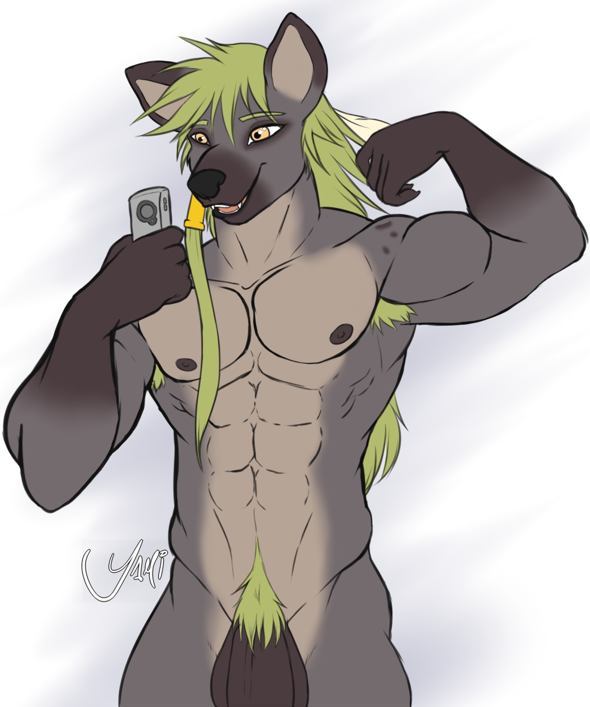 2014 abs amber_eyes anthro apple_inc. armpit_hair athletic balls biceps big_muscles biped black_nipples black_nose black_penis body_hair camera cellphone e621 electronics fangs flaccid flexing front_view fur genitals green_body green_fur green_hair grey_body grey_fur grey_skin grin hair hi_res holding_object holding_phone hyena iphone long_hair lutien male mammal muscular muscular_anthro muscular_male nipples nude open_mouth pecs penis phone pose pubes selfie simple_background smartphone smile solo spotted_hyena standing teeth tongue vein white_background yamiikarus