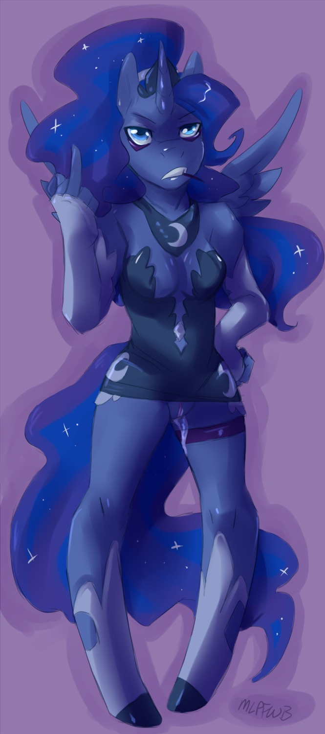 anthro anthrofied aries84 blue_body blue_feathers bodily_fluids breasts e621 equid equine feathered_wings feathers female friendship_is_magic genital_fluids genitals gesture hand_gesture hasbro hi_res hooves horn looking_at_viewer mammal middle_finger my_little_pony mythological_creature mythological_equine mythology princess_luna_(mlp) signature solo tail vaginal_fluids vulva winged_unicorn wings