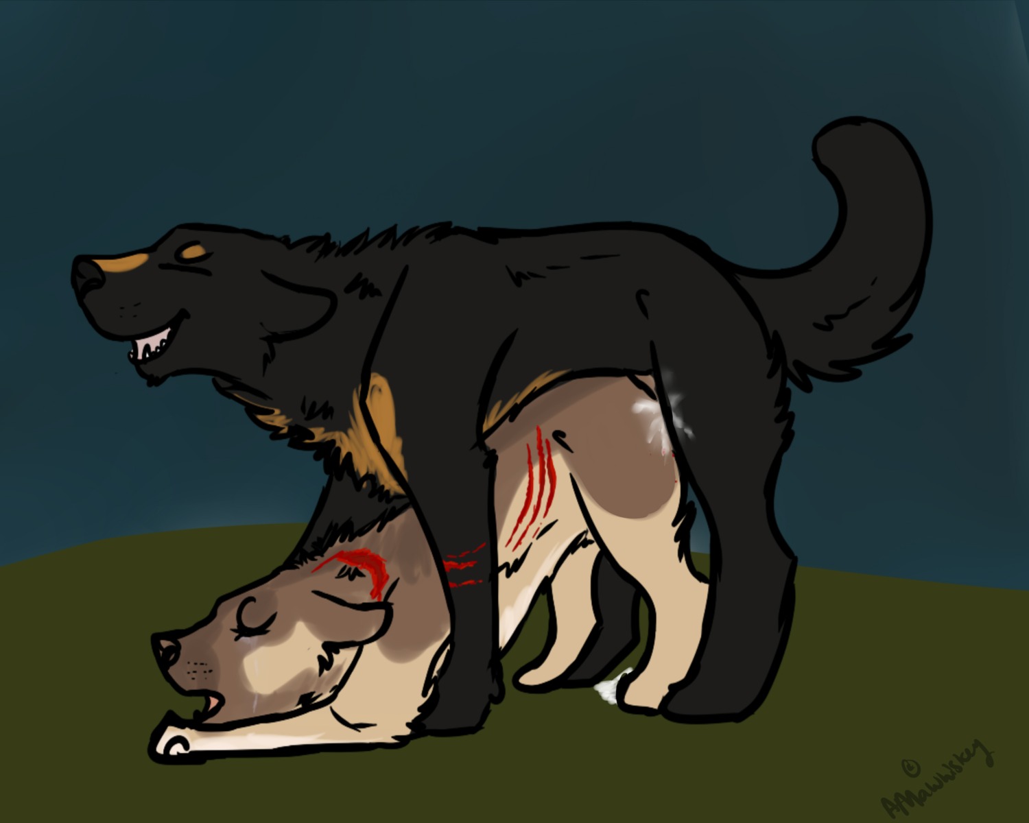 absurd_res all_fours amarillowhiskey black_body black_fur blood bodily_fluids brown_body brown_fur canid canine crying cum cum_on_ground doggystyle duo e621 eyes_closed female feral feral_on_feral forced from_behind_position fur genital_fluids gore hi_res male male/female mammal open_mouth rape sex side_view tears