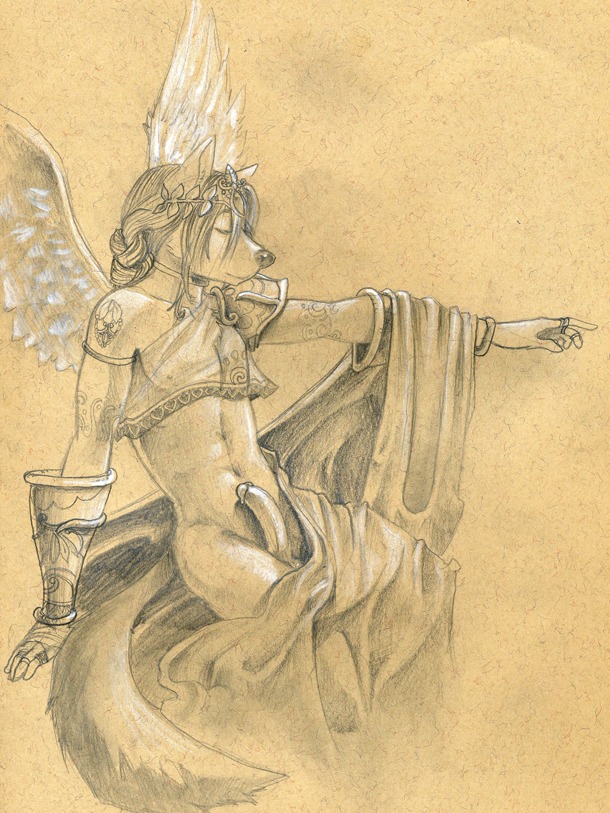 2012 anthro balls bottomless canid canine canis circumcised clothed clothing e621 erection eyes_closed feathered_wings feathers genitals graphite_(artwork) humanoid_genitalia humanoid_penis male mammal monochrome partially_clothed penis simple_background skimpy solo tail traditional_media_(artwork) tush_(artist) wings wolf