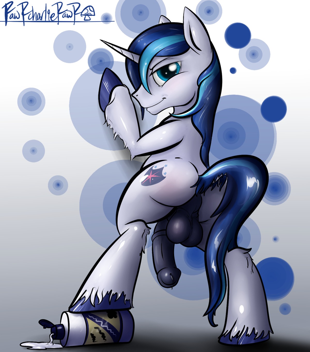 2013 animal_genitalia animal_penis balls blue_eyes blue_hair bottle container cutie_mark e621 equid equine equine_genitalia equine_penis feral flaccid friendship_is_magic genitals hair hasbro hi_res horn looking_at_viewer looking_back male mammal my_little_pony mythological_creature mythological_equine mythology penis rawrcharlierawr shining_armor_(mlp) smile solo tail unicorn