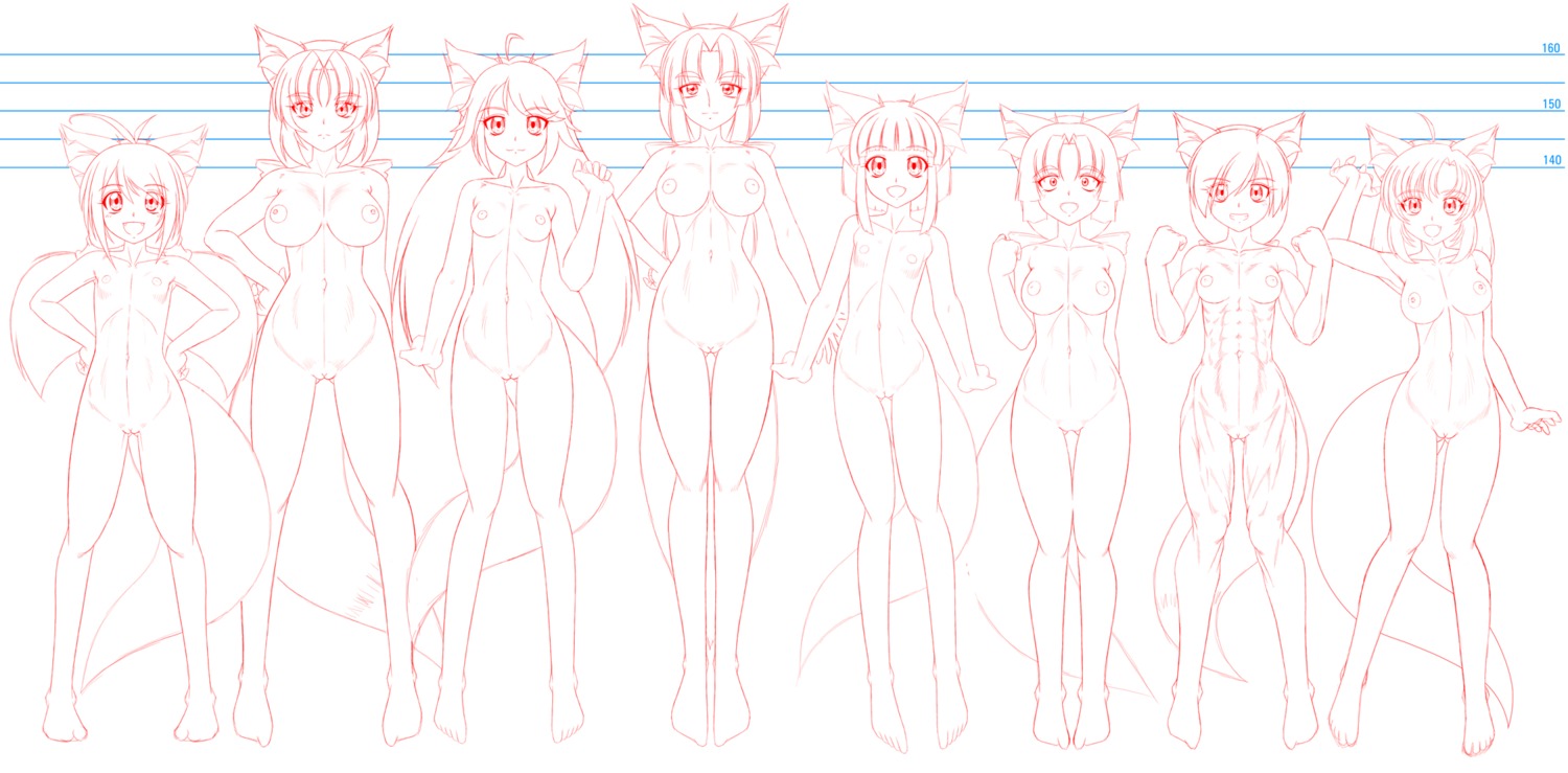 animal_ear artist_request breasts female flat_chest highres large_breasts monochrome muscles nipples rule34 smile tail
