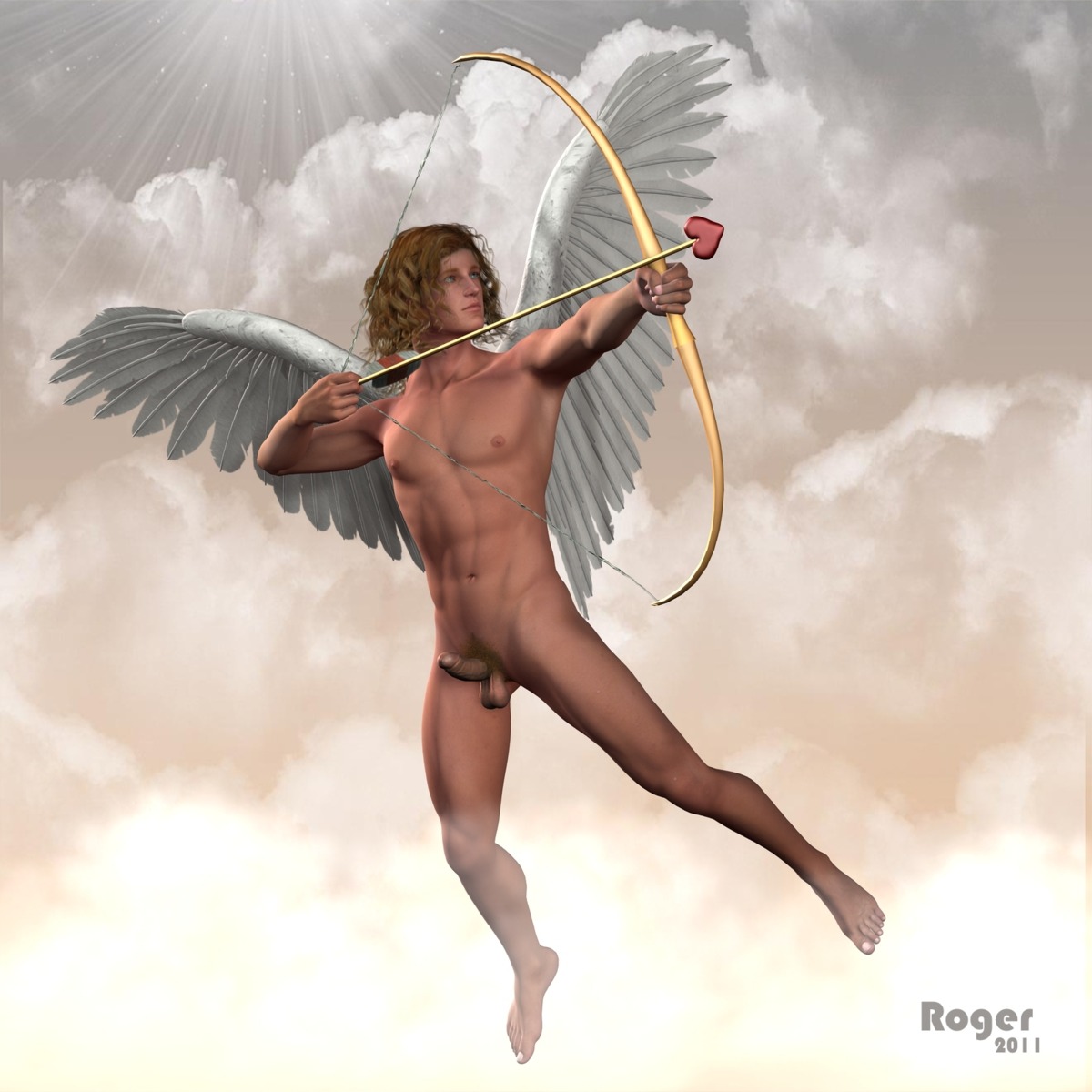 1boy aqua_eyes arrow average_sized_penis balls bow_(weapon) brown_hair curly_hair erect_nipples erection eros eros_(greek_mythology) flying foreskin greek_mythology holding_weapon legs_apart long_hair male male_only muscular muscular_male mythology nipples nude penis retracted_foreskin rule34 tagme tan_skin testicles uncircumcised wings