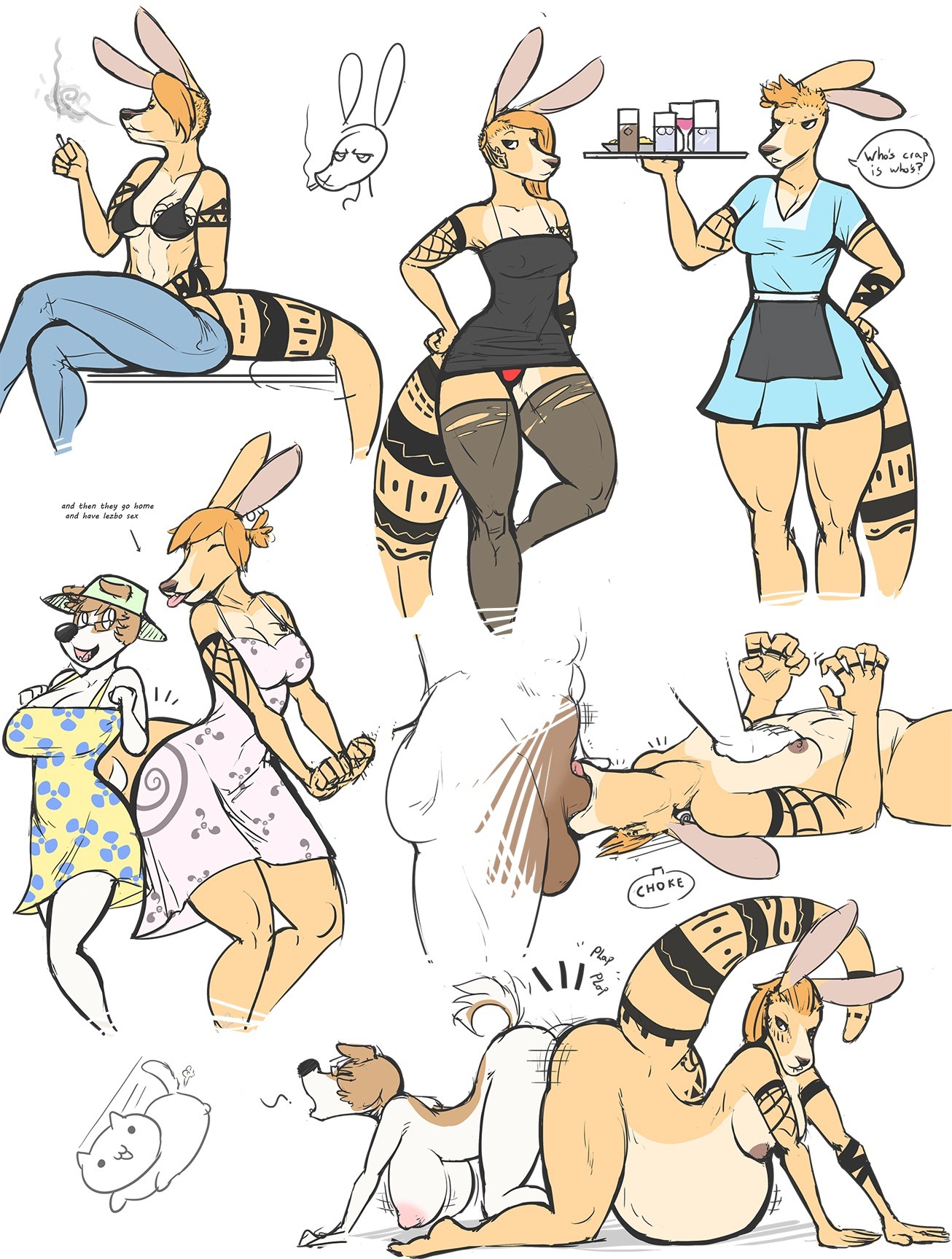 abs alternative_fashion anthro ass_to_ass belly big_belly big_breasts bikini bikini_top bottomwear breast_size_difference breasts canid canine canis cigarette cleavage clothed clothing deep_throat denim denim_bottomwear denim_clothing domestic_dog dress duo e621 erection fellatio female female/female forced forced_oral fur genitals hi_res irrumatio jeans kangaroo legwear macropod male male/female mallory_dunn mammal marsupial multiple_poses muscular muscular_female nipples oral oral_penetration pants penetration penile penis penis_in_mouth pose pregnant print_clothing print_dress punk ritts sex short_dress smoking solo stockings sundress swimwear tail tattoo throat_swabbing tongue tongue_out tongue_out_fellatio two-piece_swimsuit waist_apron waiter