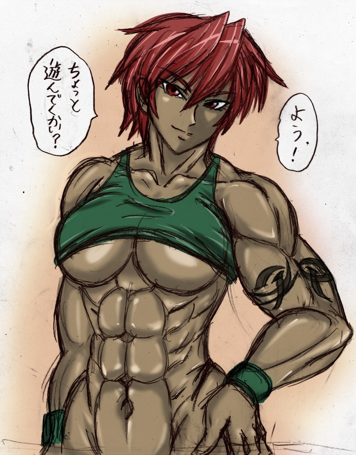 abs breasts dark_skin female large_breasts muscles red_eyes rule34 tattoo translated