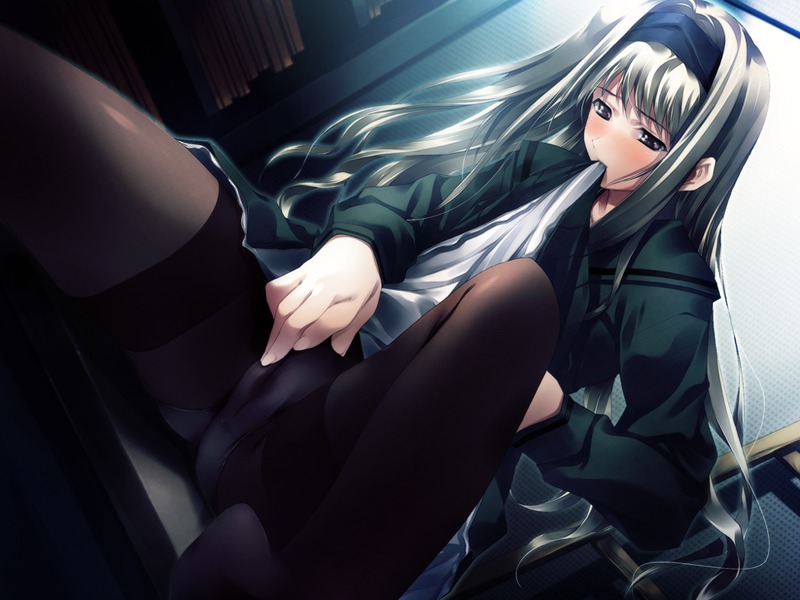 ayasaki_takako blush cartagra clothed_masturbation clothing female game_cg grey_hair hairband long_hair masturbation mouth_hold panties panties_under_pantyhose pantyhose rule34 school_uniform seifuku serafuku skirt skirt_lift solo sugina_miki underwear