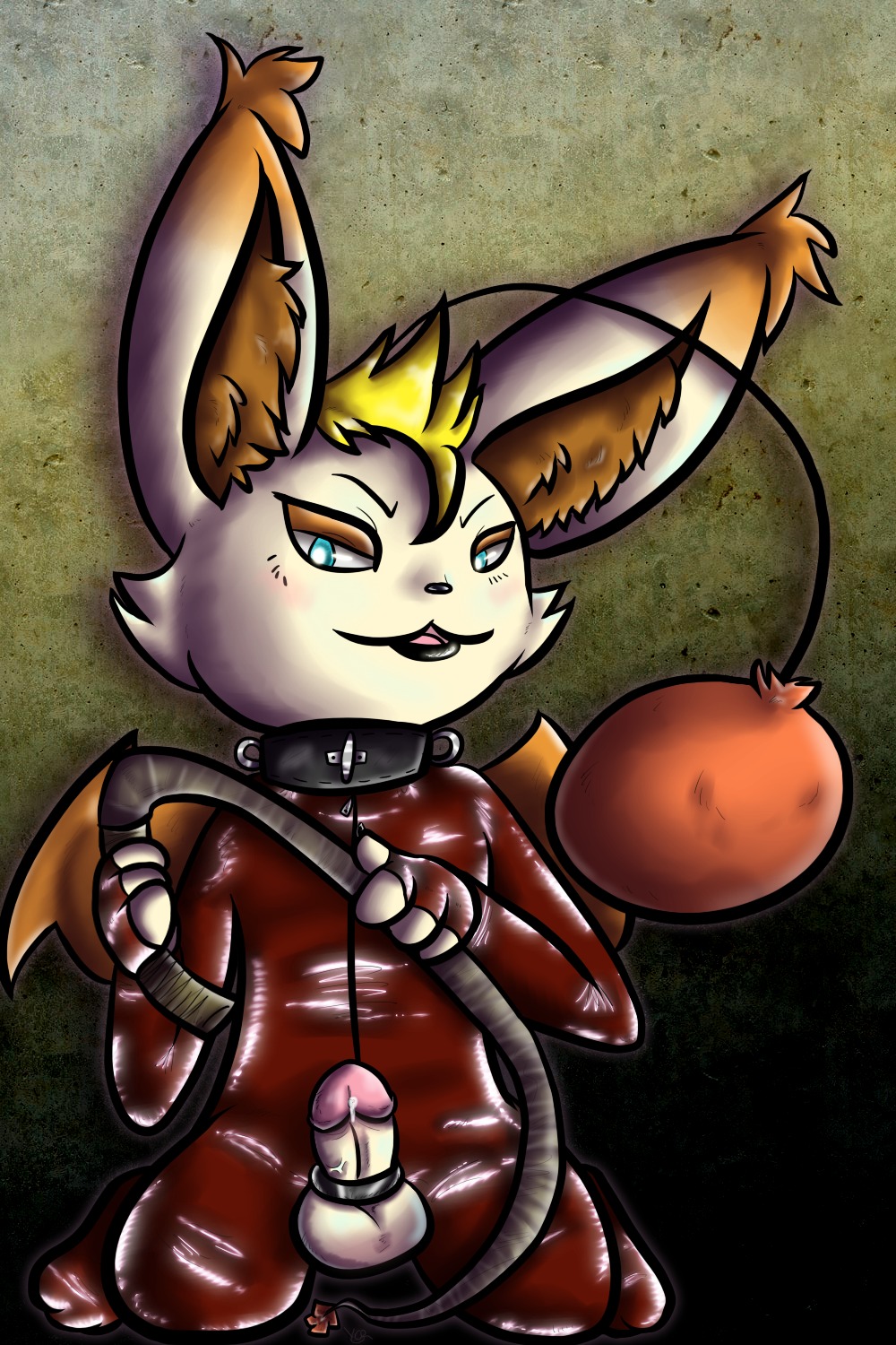 1boy balls blonde_hair blue_eyes blush cock_ring collar cum empa erection final_fantasy hair latex leather looking_at_viewer male male_only moogle penis pompom rule34 shiny solo video_games whip wings ycr