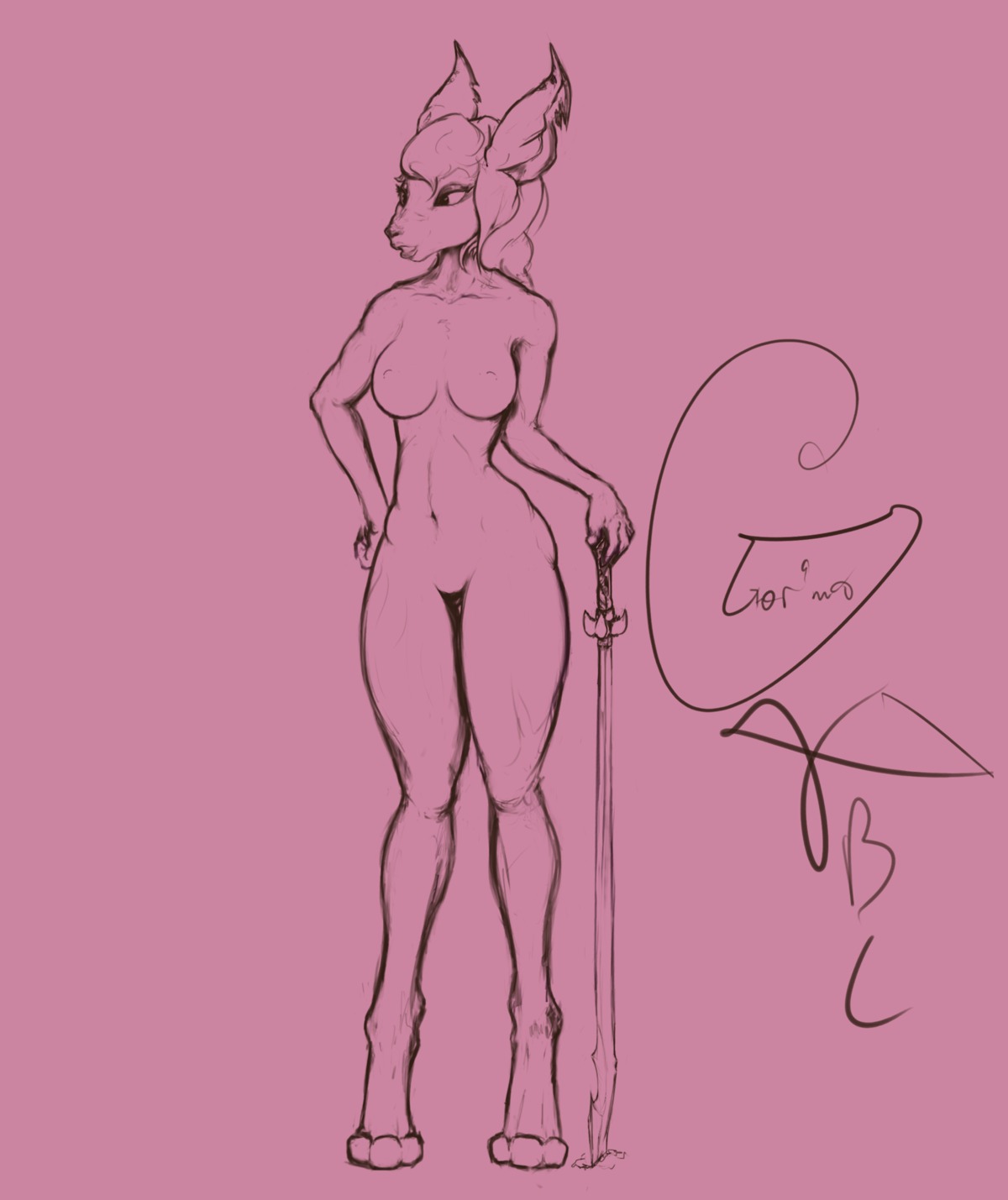 absurd_res breasts e621 female gorima hair hi_res looking_away melee_weapon nude simple_background sketch solo sword unknown_species weapon