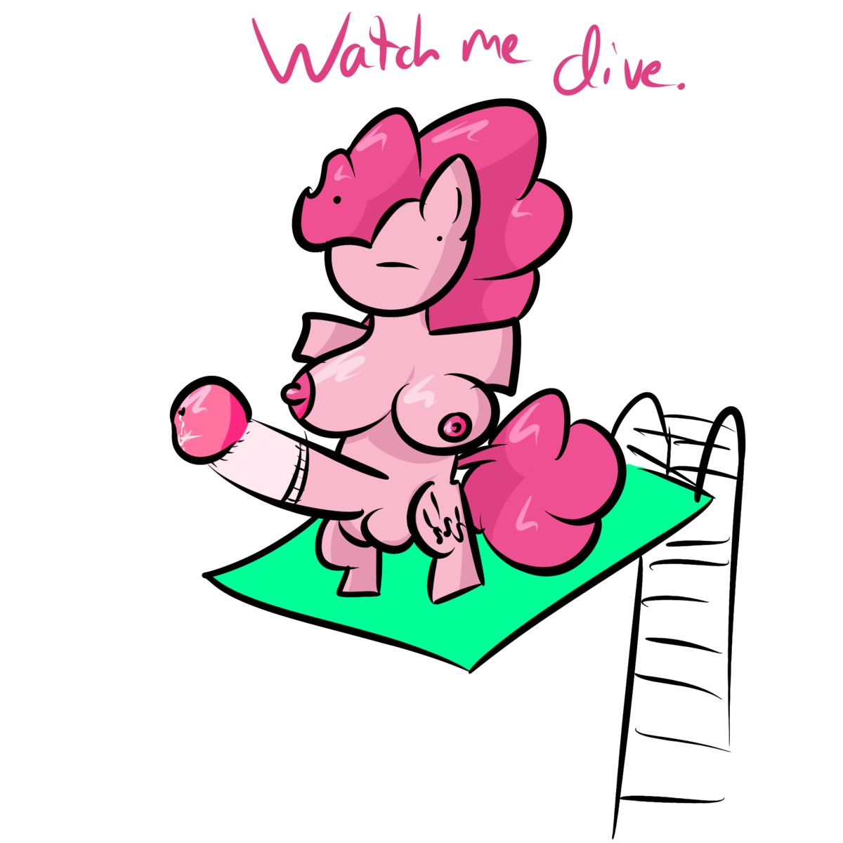 1:1 :| anthro anthrofied breasts cutie_mark diving_board e621 earth_pony equid equine erection friendship_is_magic genitals gynomorph hasbro hi_res horse intersex mammal my_little_pony penis pinkie_pie_(mlp) pony simple_background solo tail text unknown_artist what white_background