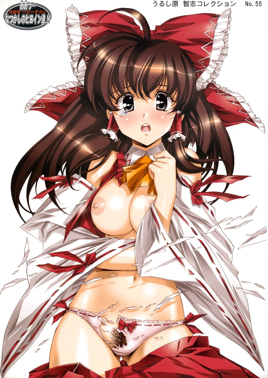 ascot bow breasts brown_hair detached_sleeves embarrassed enf female female_only hairbow human large_breasts lost_clothes miko navel nipples no_bra nostalgic_heroines open_clothes open_shirt oppai panties pubic_hair pussy pussy_peek reimu_hakurei rule34 skirt_pull solo tear torn_clothes torn_panties touhou urushihara_satoshi