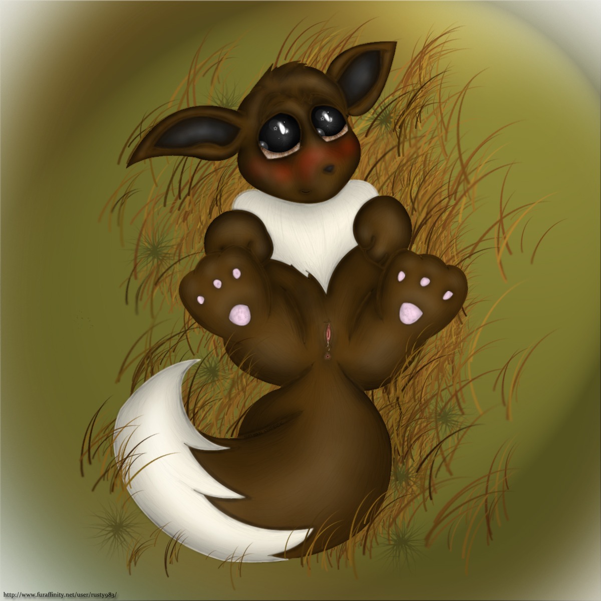 1:1 3_toes bbuizel black_eyes black_nose blush brown_fur color eevee female female_only feral front_view fur furry furry_ears furry_only furry_tail lying on_back open_eyes paws pointy_ears pokemon pokemon_(species) pussy rule34 solo tagme tail uncensored vulva white_fur