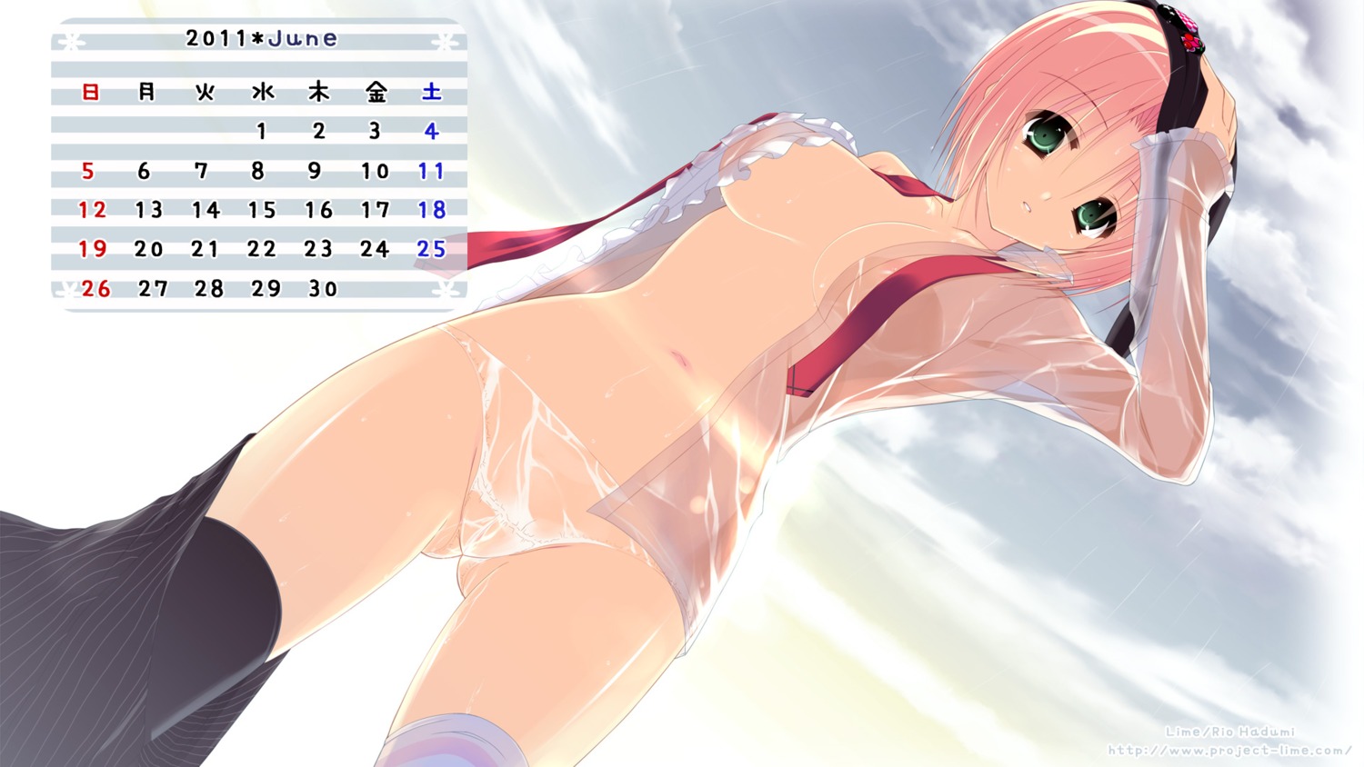 calendar_(medium) convenient_censoring female green_eyes hazumi_rio june_(month) no_bra open_clothes open_shirt panties petapeta pink_hair rule34 see-through see-through_panties shiokawa_aya shirt short_hair skirt_around_one_leg sky solo thighhighs wet