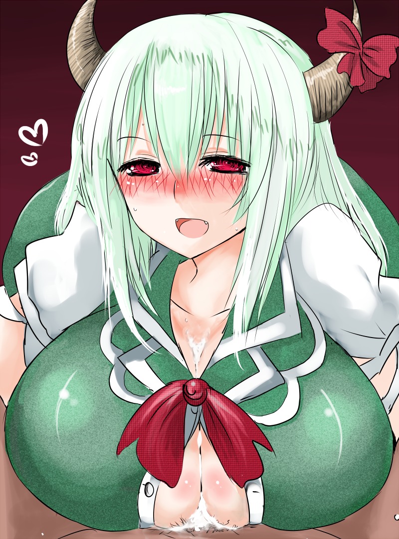 blush breasts cum cum_on_body cum_on_breasts cum_on_upper_body dark-skinned_male dark_skin ex-keine fangs female green_hair han64 han_(jackpot) horns huge_breasts keine_kamishirasawa long_hair male paizuri paizuri_under_clothes penis red_eyes rule34 straight touhou