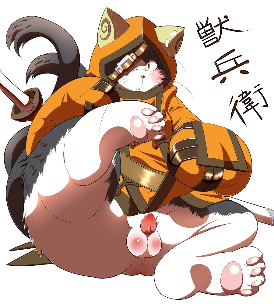 1_eye 2_tails anthro arc_system_works asian_mythology balls beastkin blazblue blush bottomless clothed clothing domestic_cat e621 east_asian_mythology erection eye_patch eyewear feet felid feline felis genitals japanese_mythology jubei_(blazblue) kaka_(blazblue) kemono male mammal melee_weapon multi_tail mythology overweight overweight_anthro overweight_male pawpads paws penis raised_leg red_eyes sigenoya sitting soles solo sword tail takotyutyu thick_thighs weapon whiskers wide_hips yokai