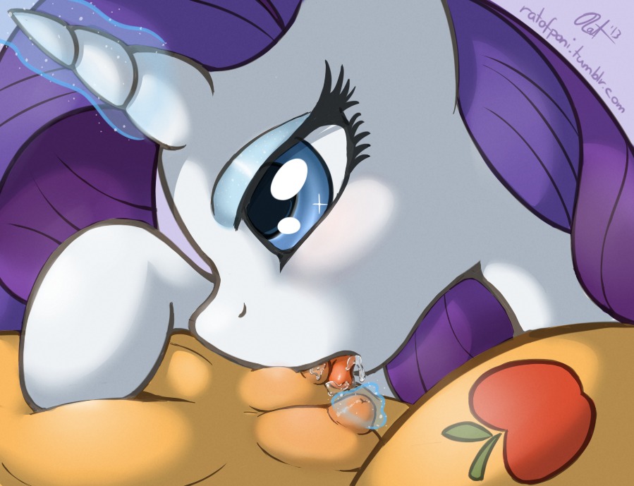 2013 applejack_(mlp) blue_eyes blue_eyeshadow bodily_fluids cutie_mark digital_media_(artwork) duo e621 earth_pony english_text equid equine eyeshadow female female/female feral friendship_is_magic fur hair hasbro horn horse licking magic makeup mammal my_little_pony mythological_creature mythological_equine mythology nipples orange_body orange_fur pony purple_hair rarity_(mlp) ratofdrawn saliva teats text tongue tongue_out unicorn white_body white_fur