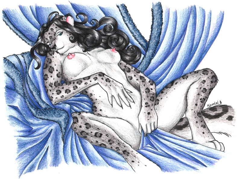 anthro areola bed biped black_hair breasts convenient_censorship covering covering_self e621 felid female fur furniture hair kierstal leopard leopard_spots lying mammal nipples nude on_back pantherine snow_leopard solo spots spread_legs spreading tail white_body white_fur