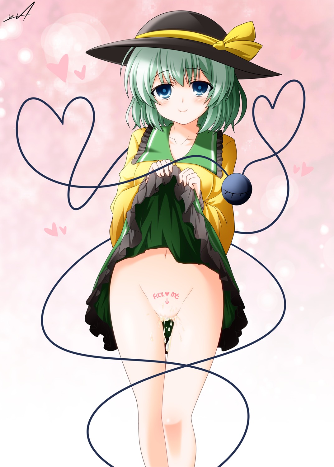 blue_eyes blush female green_hair haru-yua hat heart heart_of_string highres koishi_komeiji panties pink_panties rule34 short_hair skirt skirt_lift smile solo touhou