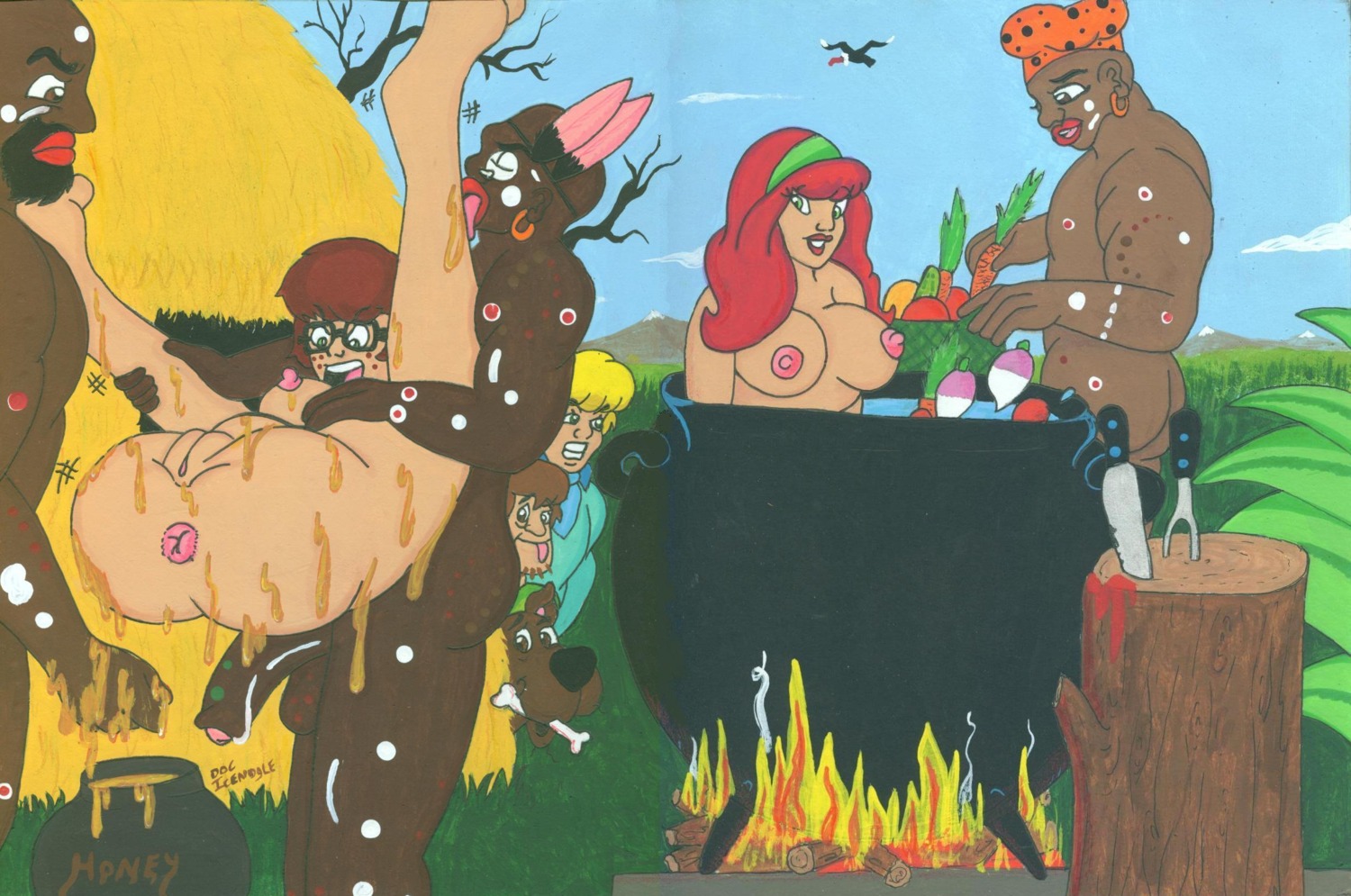 bad_anatomy blonde_hair bone canine cannibalism daphne_blake dark-skinned_male dark_skin doc_icenogle female food fred_jones hanna-barbera interracial male nipples rule34 scooby-doo scooby-doo_(character) sex_slave shaggy_rogers slave velma_dinkley what