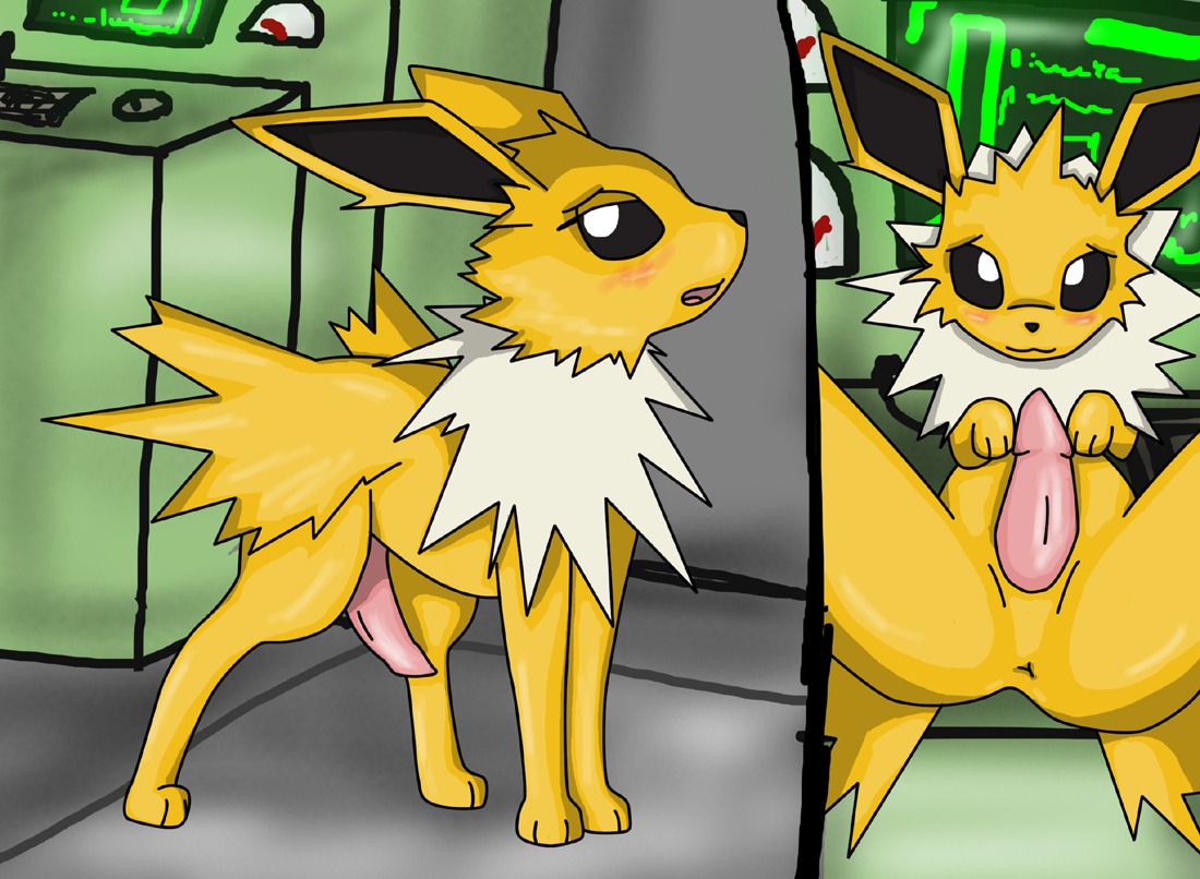 :3 anus blush computer computer_keyboard digitigrade e621 eeveelution electronics erection feral fur generation_1_pokemon genitals jolteon machine male nintendo open_mouth penis pokemon pokemon_(species) proteus quadruped solo tongue yellow_body yellow_fur