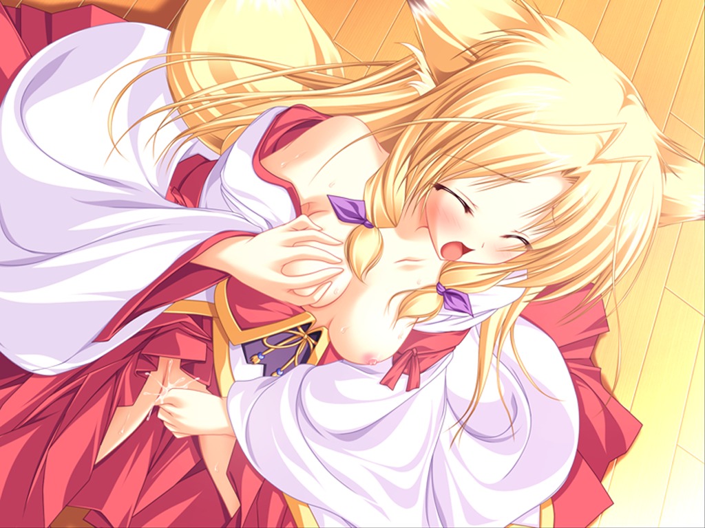 animal_ears blonde_hair breasts female fox_girl game_cg hakama inakoi japanese_clothes kamishiro_mutsuki masturbation miko nipples pussy pussy_juice ribbons rule34 tail tenmaso whirlpool