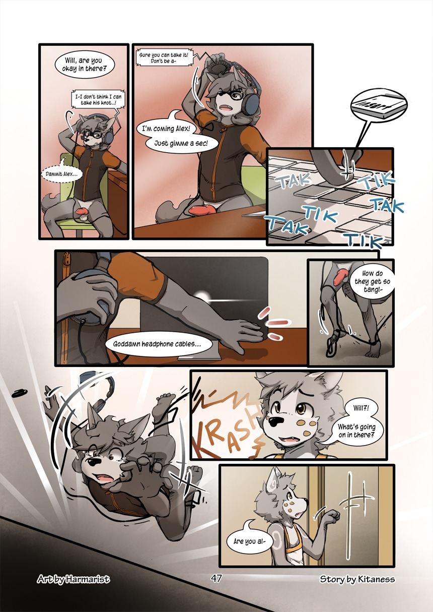 adolescent age_difference alex_(harmarist) anthro balls barefoot bodily_fluids bottomless bottomless_anthro bottomless_male brother_(lore) brothers_(lore) canid canine canis child clothed clothed_anthro clothed_male clothing comic computer dialogue duo e621 electronics english_text entangled erection eye_through_hair eyebrow_through_hair eyebrows eyewear falling fangs feet fully_clothed fully_clothed_anthro fully_clothed_male fur furgonomic_eyewear furgonomics genitals glasses hair harmarist headphones hi_res keyboard knot looking_at_porn male male/male mammal multiple_scenes number older_brother older_male older_sibling page_number penis pornography sheath_and_knife shirt sibling_(lore) size_difference soles tank_top tears teeth text toes topwear translucent translucent_hair will_(harmarist) wolf worried young young_anthro young_male zipper