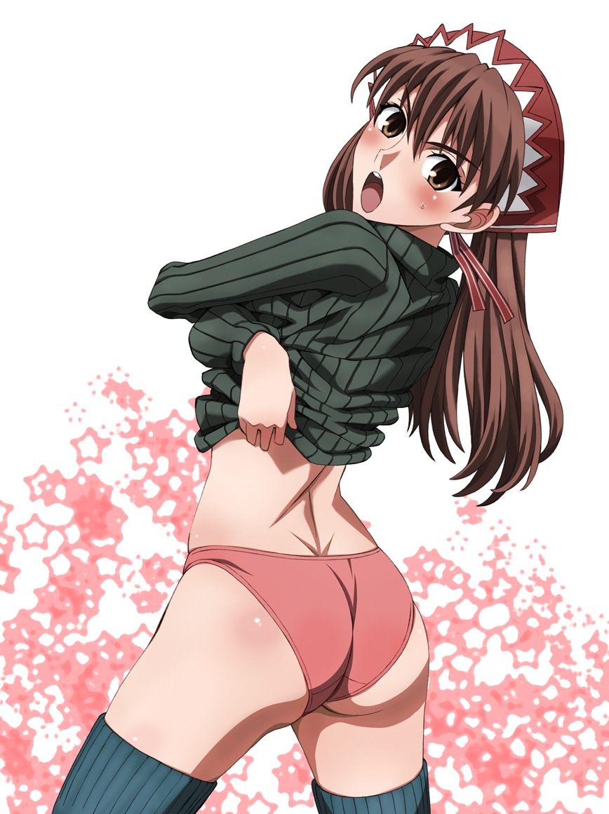 alicia_melchiott ass back blush brown_eyes brown_hair clothing dimples_of_venus female long_hair looking_back mokke open_mouth panties red_panties rule34 shirt shirt_lift solo stockings thighhighs tied_hair twintails underwear undressing valkyria_chronicles valkyria_chronicles_1