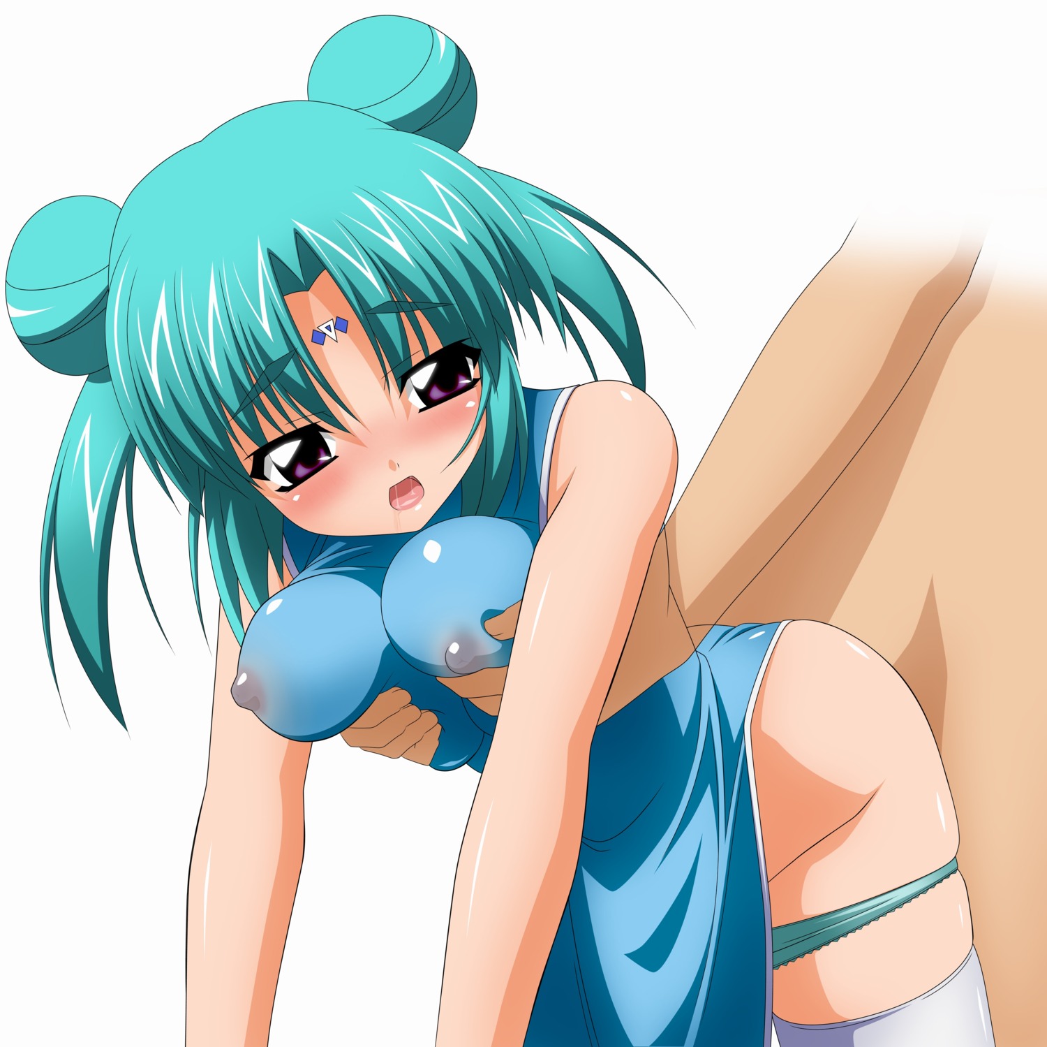 1girls aqua_hair bare_shoulders blush breast_grab breast_squeeze breasts canal_vorfeed china_dress chinadress chinese_clothes erect_nipples female from_behind high_resolution lost_universe nipples panties panty_pull purple_eyes rule34 saliva solo sugimura_tomokazu thighhighs underwear white_legwear white_thighhighs
