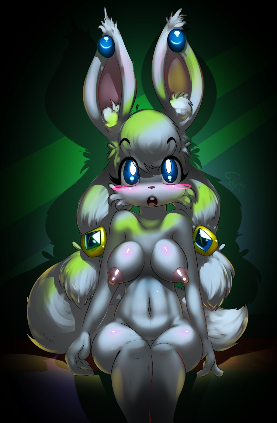2014 anthro blue_eyes blush breasts e621 ear_piercing elpatrixf female fur genitals hair hi_res jewelry kriyu lagomorph leporid long_hair looking_at_viewer mammal nipples nude open_mouth piercing rabbit shadow solo teeth tongue vulva white_body white_fur white_hair