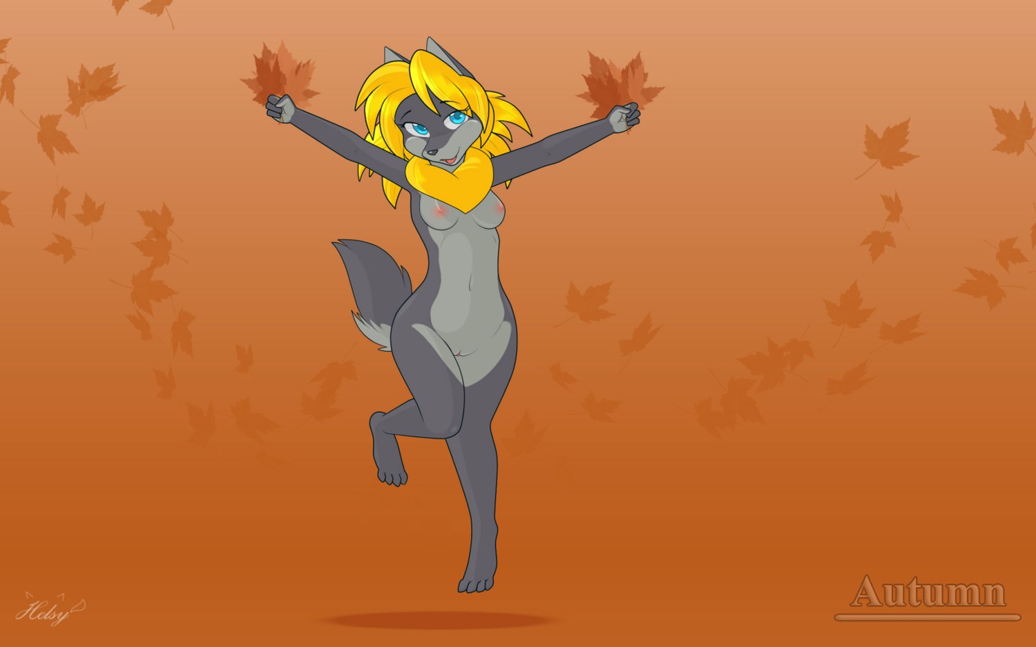 16:10 4_toes anthro autumn biped blonde_hair breasts canid canine canis dancing digital_media_(artwork) e621 falling_leaves feet female genitals hair helsy hi_res lafille looking_at_viewer mammal neck_tuft nipples nude orange_theme solo tail toes tuft vulva widescreen wolf