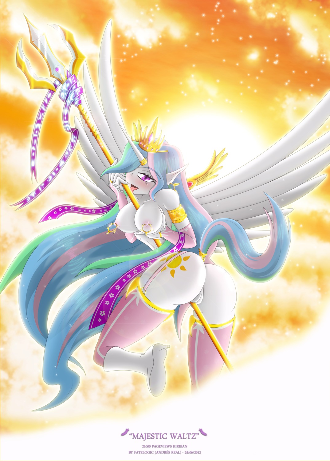 2012 abstract_background absurd_res anthro anthrofied biped blue_hair blush breasts butt clothing crown cutie_mark e621 equid equine fatelogic feathered_wings feathers female fingerless_gloves footwear friendship_is_magic fur garter_straps genitals gloves green_hair hair handwear hasbro headgear hi_res horn legwear licking lingerie looking_at_viewer mammal melee_weapon multicolored_hair my_little_pony mythological_creature mythological_equine mythology nipple_piercing nipples piercing pink_eyes pink_hair polearm princess princess_celestia_(mlp) ribbons royalty shoes simple_background solo staff stockings sun tail tongue tongue_out vulva weapon white_body white_feathers white_fur winged_unicorn wings