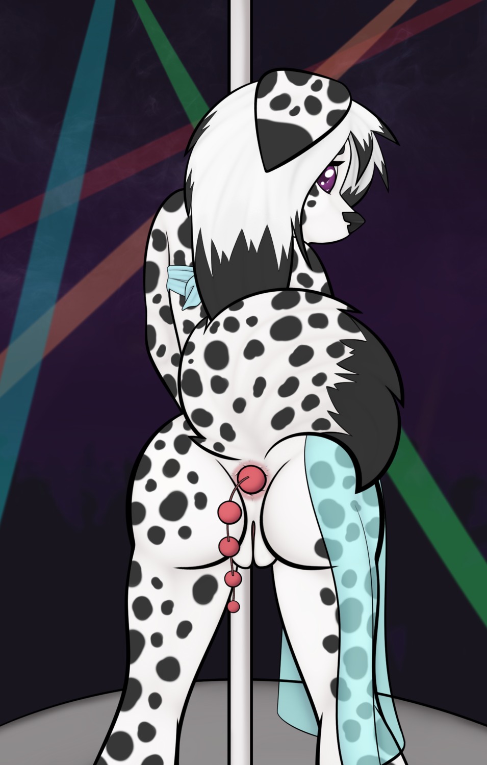 anal anal_beads anthro artemis_the_dalmahusky artemisthedusky biped black_body black_fur black_spots canid canine canis dalmatian domestic_dog e621 female fur genitals hi_res husky hybrid looking_at_viewer looking_back mammal markings nordic_sled_dog pole purple_eyes sex_toy solo spitz spots spotted_body spotted_fur standing vulva white_body white_fur wide_hips