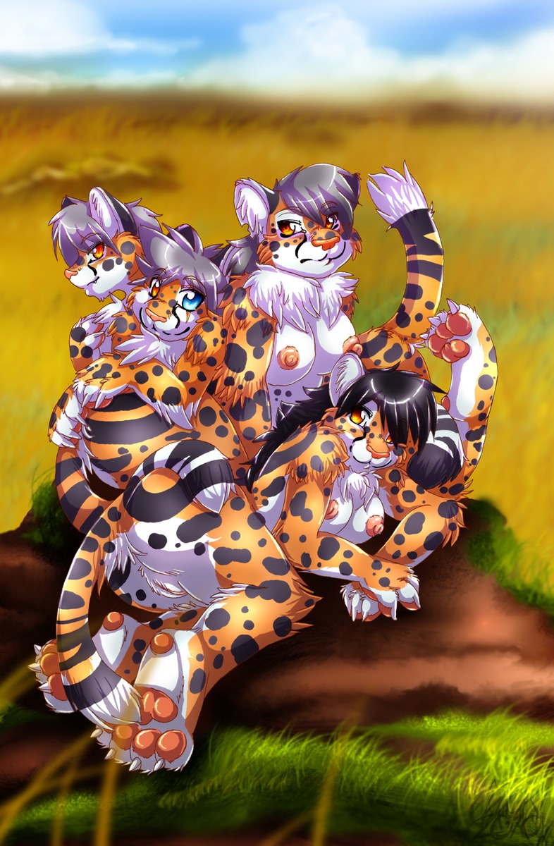 2010 amber_eyes black_hair breasts cheetah chest_tuft digitigrade family feline female grey_hair group hair heterochromia inuki long_hair male nipples nude on_side pussy rule34 short_hair