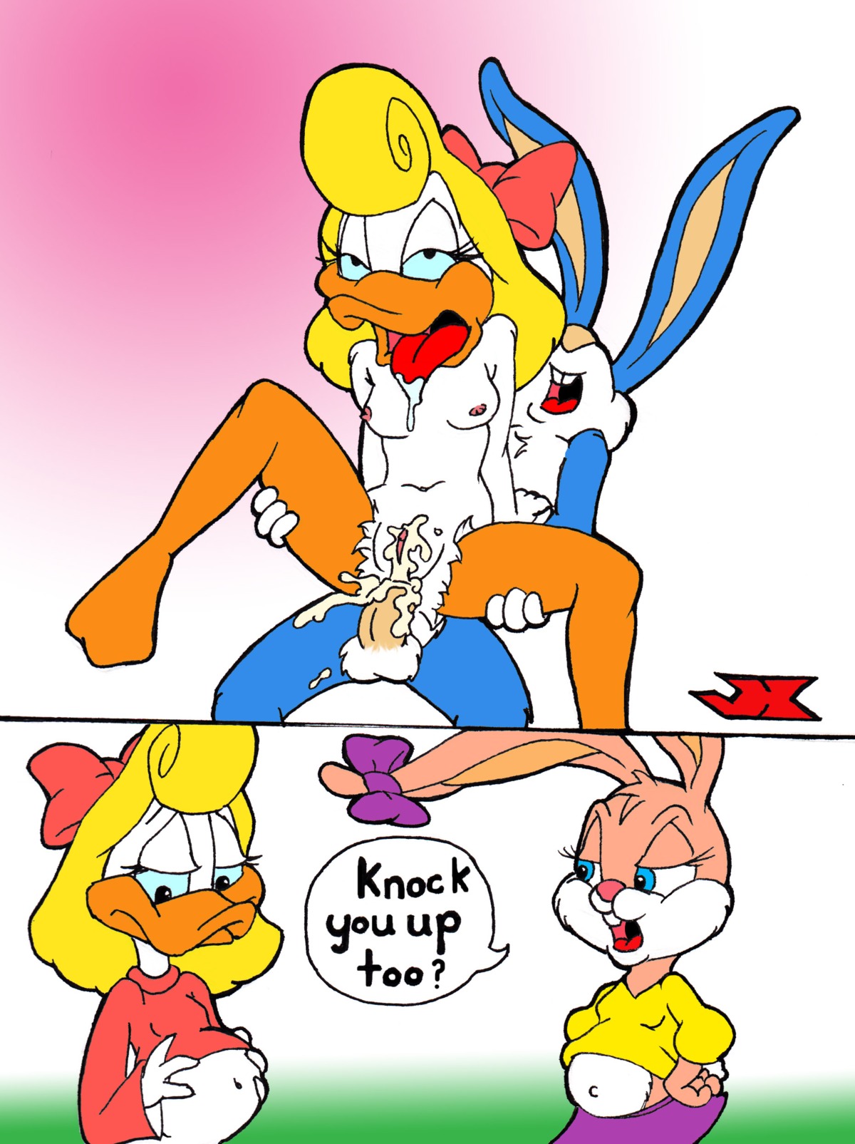 2girls anthro babs_bunny black_eyes blonde_hair blue_eyes breasts bunny buster_bunny female fur furry holding_belly impregnation jk loon male mammal nipples nude penis pregnant rabbit rule34 shirley_the_loon straight tiny_toon_adventures uncensored