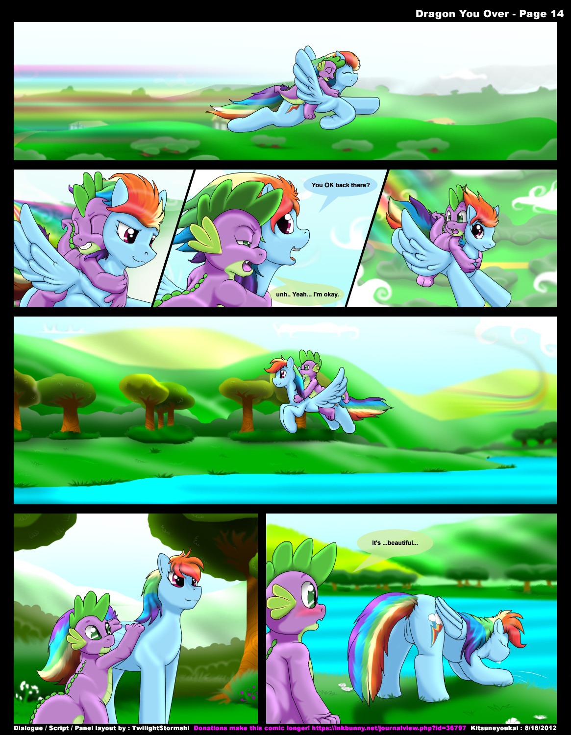2012 blue_body blue_feathers blue_fur blush comic cutie_mark dialogue dragon duo e621 english_text equid equine feathered_wings feathers female feral flying friendship_is_magic fur genitals hair hasbro hi_res kitsune_youkai male mammal multicolored_hair my_little_pony mythological_creature mythological_equine mythological_scalie mythology outside pegasus rainbow_dash_(mlp) rainbow_hair riding scalie spike_(mlp) tail text vulva wings