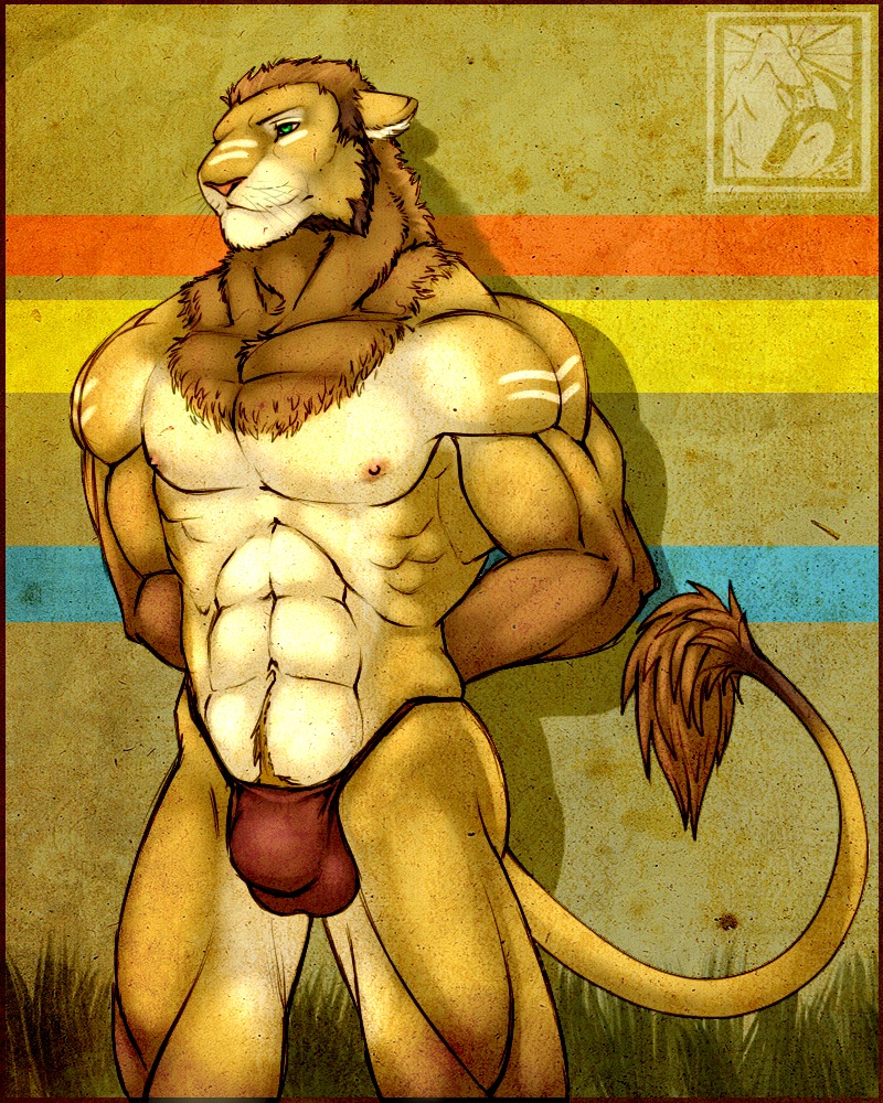 4:5 abs anthro balls_outline biceps big_muscles biped bodypaint brown_body brown_fur brown_hair bulge clothed clothing detailed_bulge e621 felid feralise flexing fur genital_outline green_eyes hair lion male mammal muscular muscular_anthro muscular_male nipples pantherine pecs pose solo speedo standing swimwear tail tail_tuft tattoo topless tribal tuft white_body white_fur yellow_body yellow_fur