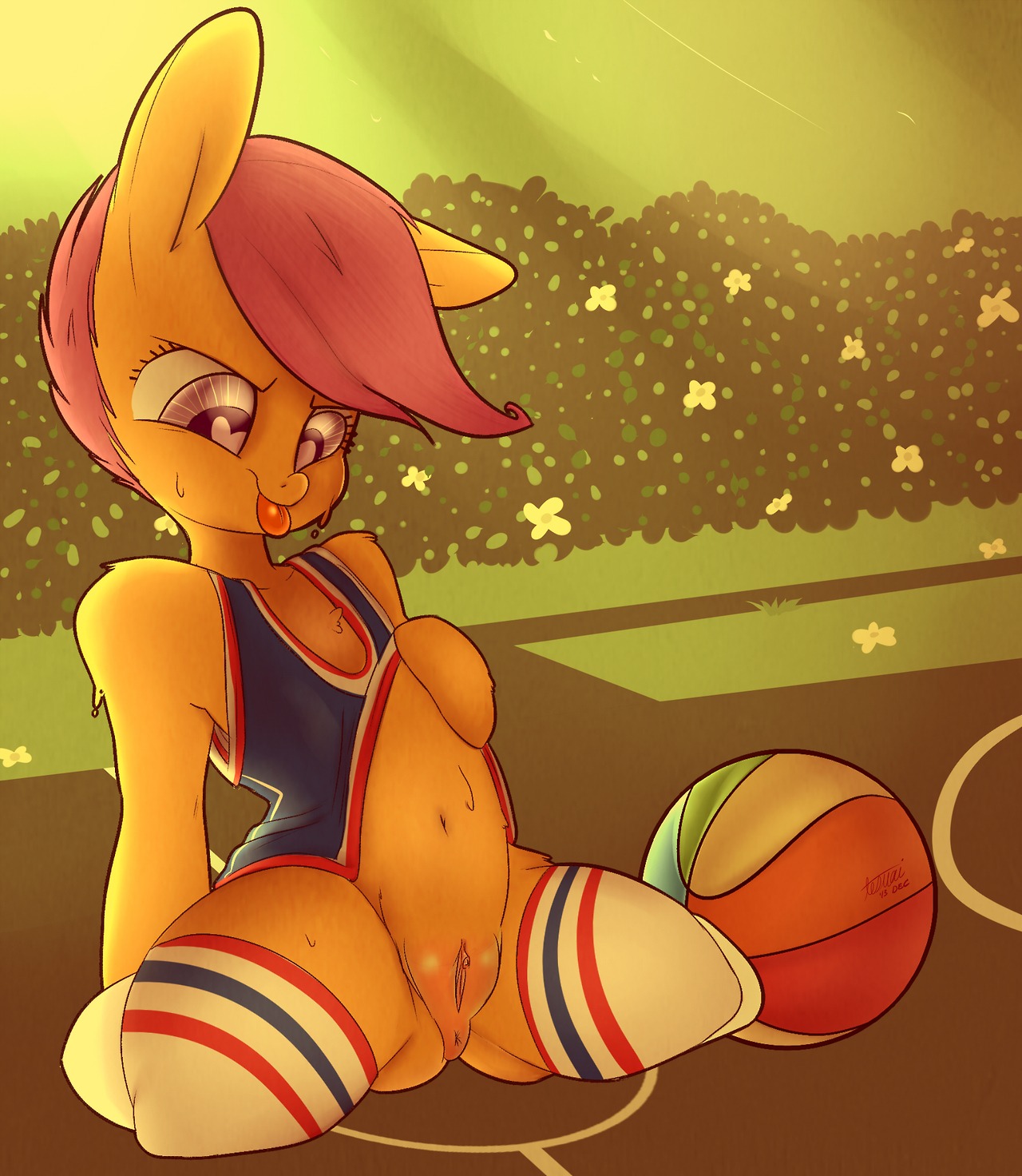 2014 anthro anthrofied anus biped bodily_fluids clothing e621 equid equine female footwear friendship_is_magic fur genitals hair hasbro hi_res horse legwear mammal my_little_pony navel orange_body orange_fur pony purple_eyes purple_hair puuzo scootaloo_(mlp) socks solo sweat tongue vulva