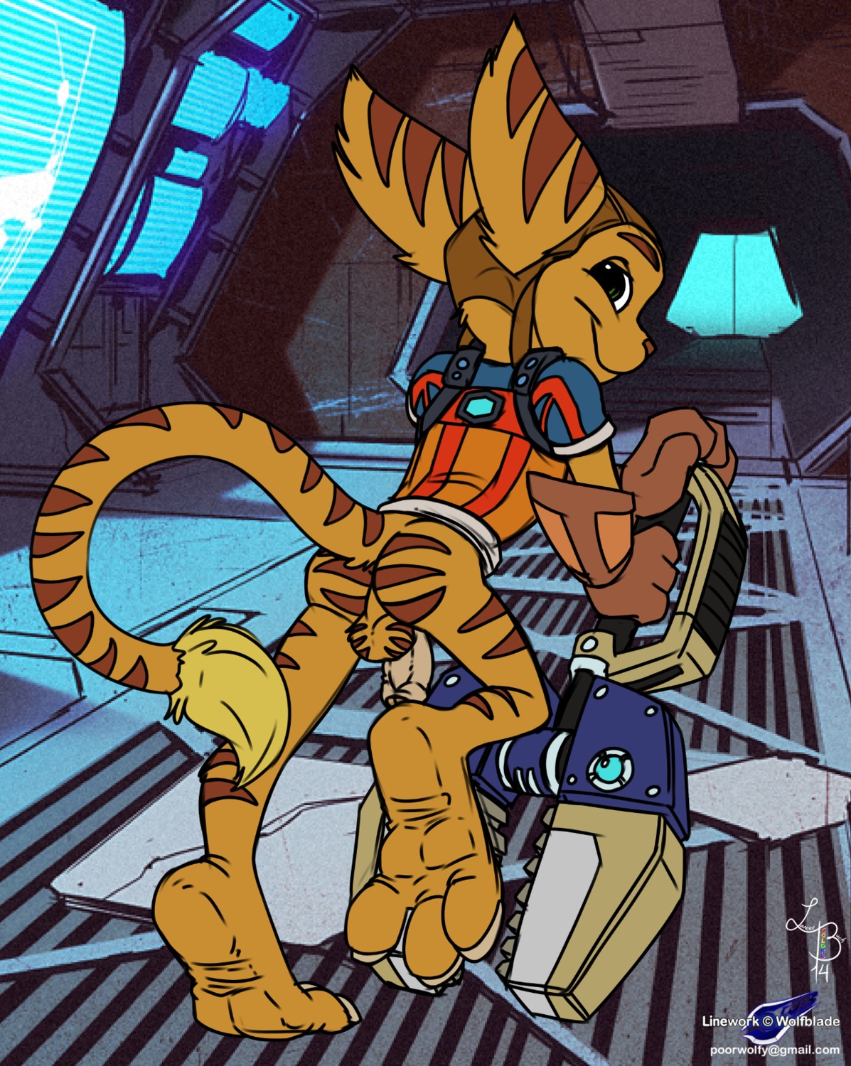anthro armor backsack balls biped butt e621 flaccid foreskin genitals hi_res humanoid_genitalia humanoid_penis lancer_buck_(colorist) leaning lombax looking_at_viewer looking_back male mammal nude penis plantigrade pose ratchet_(ratchet_and_clank) ratchet_and_clank simple_background sketch skin_folds smile solo sony_corporation sony_interactive_entertainment standing tail tools wolfblade wrench