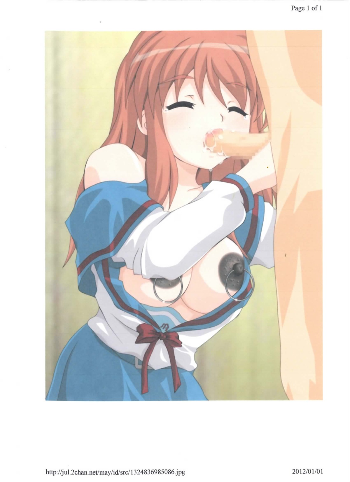 artist_request asahina_mikuru breasts censored clothing female large_breasts nipple_piercing oral_sex rule34 skirt suzumiya_haruhi_no_yuuutsu tagme