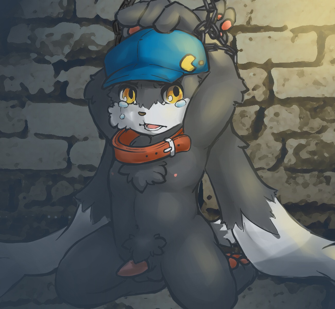 anthro bandai_namco bdsm bodily_fluids bondage bound chain chest_tuft clothing collar dark_body dark_fur domestic_cat e621 erection felid feline felis fur genitals hat headgear headwear hi_res hikuchi kemono klonoa klonoa_(series) long_ears male mammal navel nipples open_mouth pawpads paws penis shota solo submissive submissive_male tapering_penis tears teeth tuft young young_anthro