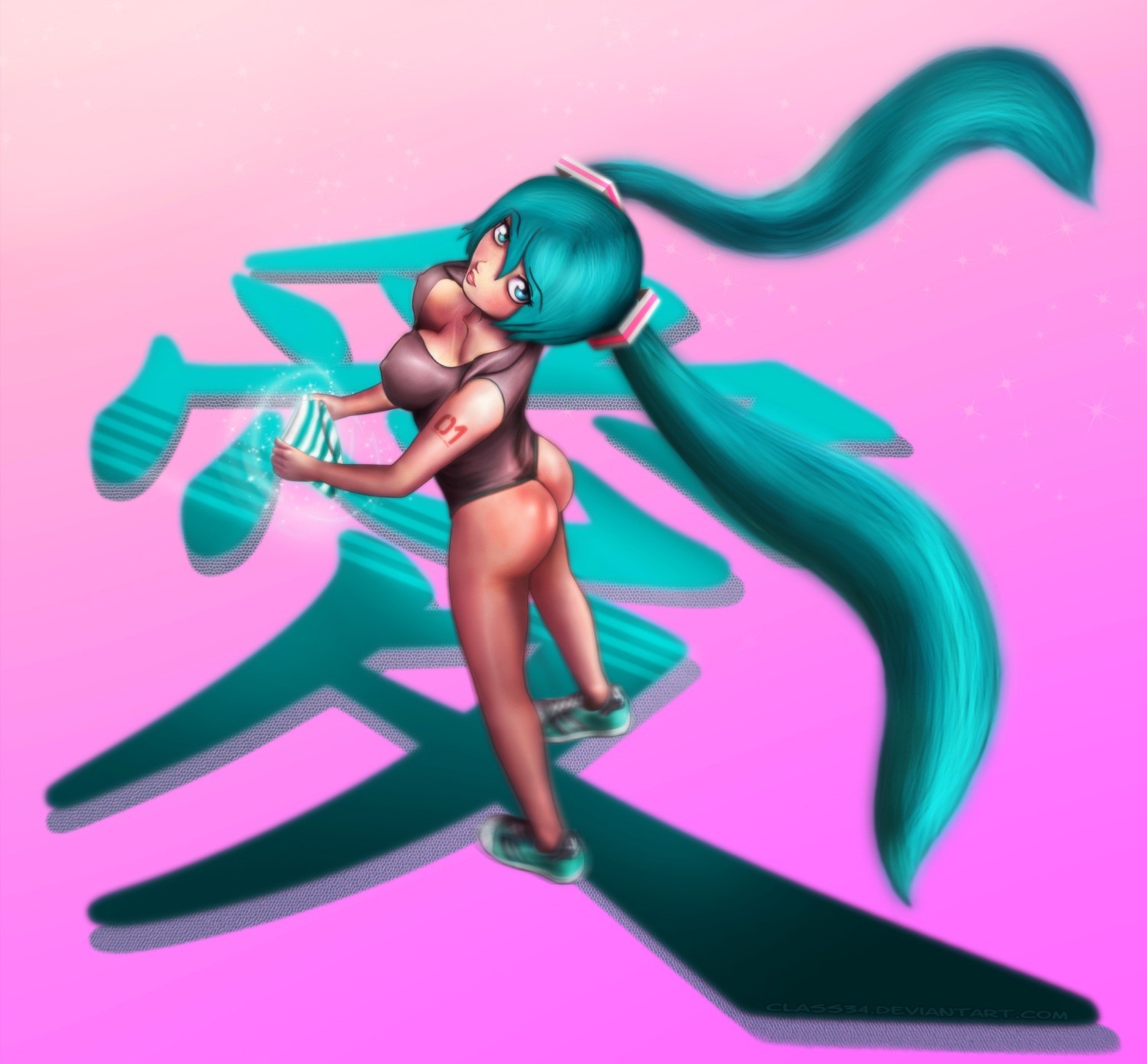1girl :p aqua_eyes aqua_hair ass bottomless breasts cleavage covered_nipples female from_above full_body hatsune_miku holding_clothes holding_panties holding_underwear large_breasts lips long_hair looking_at_viewer looking_back looking_up no_socks panties rule34 shoes sneakers solo sparkle standing striped striped_panties tagme tattoo thong tongue tongue_out twintails underwear very_long_hair vocaloid