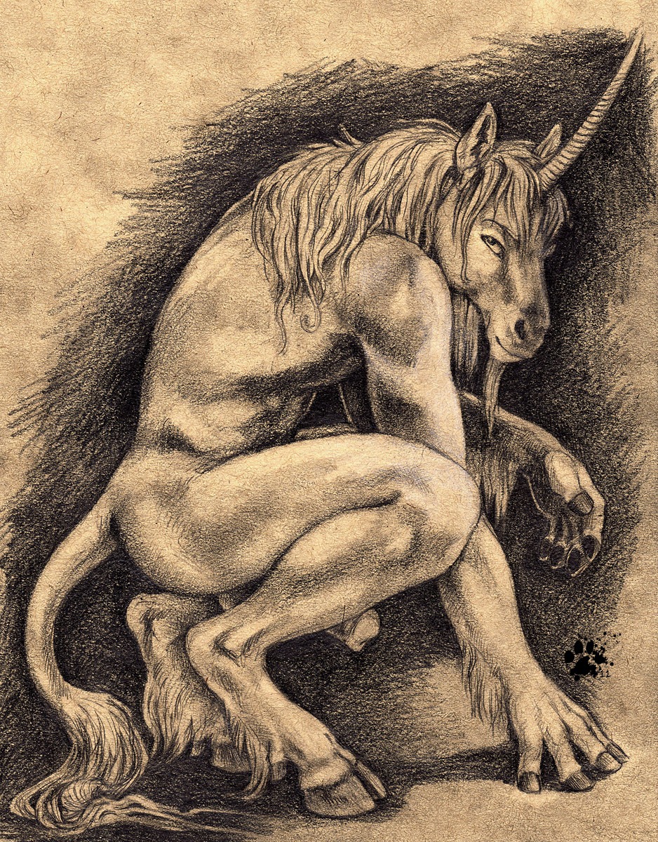 2011 animal_genitalia animal_penis anthro balls blotch crouching e621 equid equine equine_genitalia equine_penis erection genitals hi_res hooves horn male mammal mythological_creature mythological_equine mythology nude penis scratches_volume_5 solo tail traditional_media_(artwork) unicorn