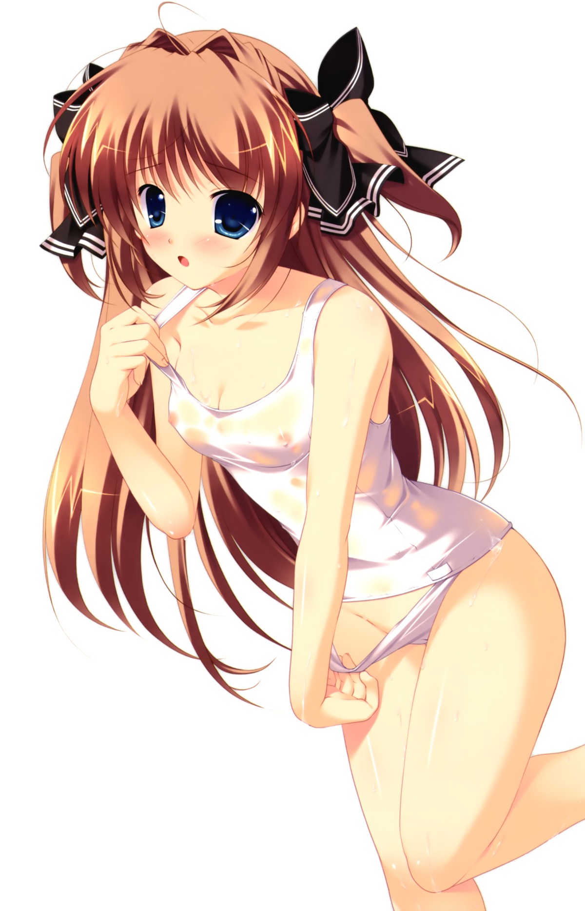 adjusting_swimsuit artist_request blue_eyes blush bow brown_hair female hairbow highres long_hair mikeou mirai_asuka nanairo_kouro one-piece_swimsuit rule34 school_swimsuit see-through simple_background solo swimsuit swimsuit_pull wet white_school_swimsuit