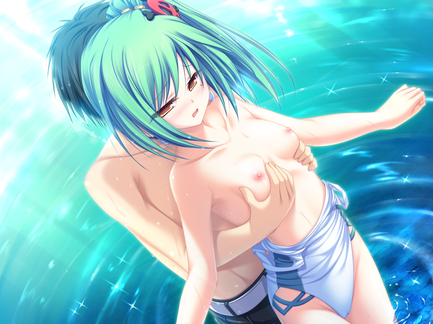 blush breast_grab breasts enomoto_yoshika female game_cg green_hair nipples rule34 suzukaze_no_melt swimsuit tenmaso water whirlpool