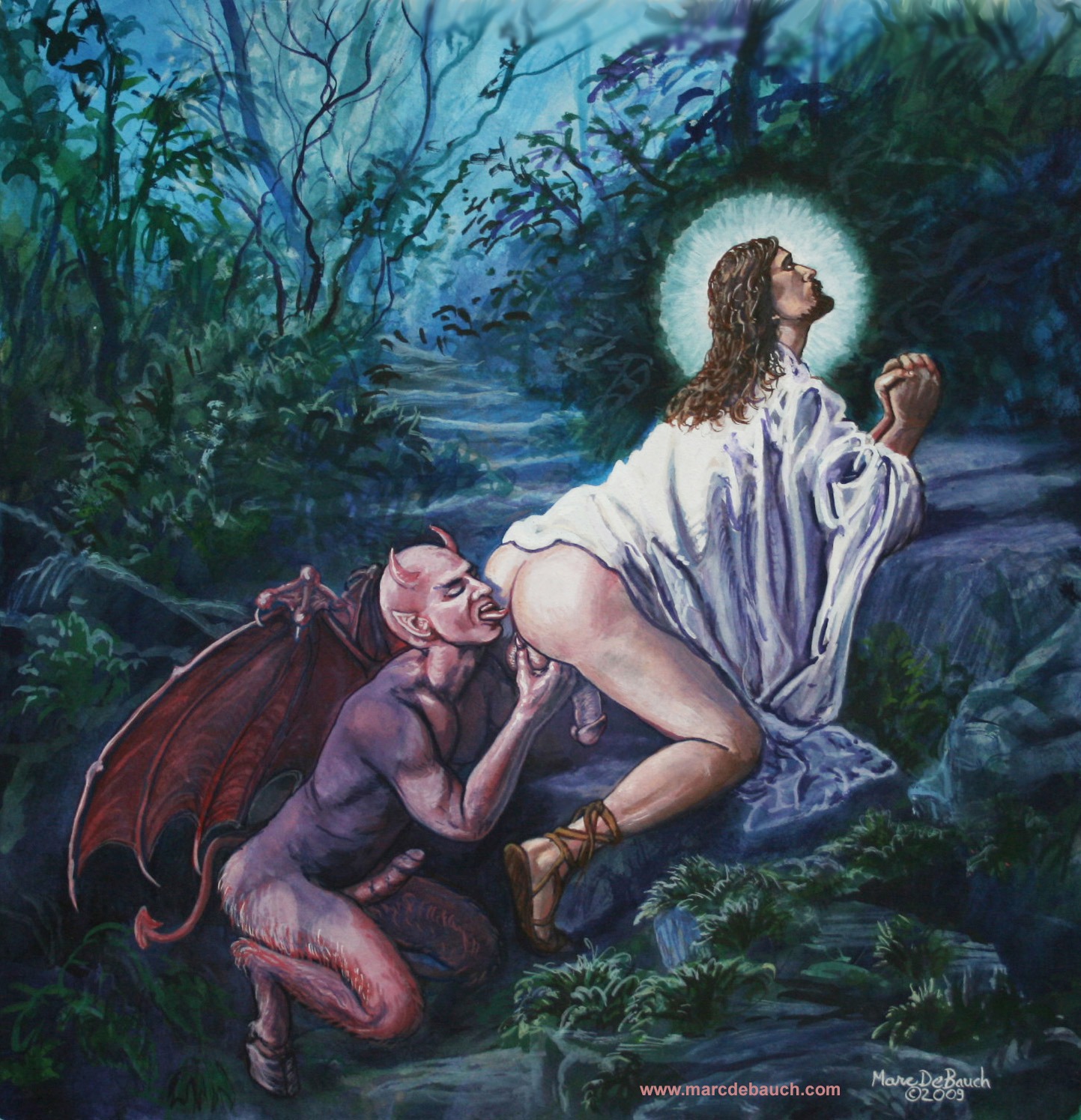 2009 anal angel backsack ball_fondling balls beard biceps blasphemy butt christianity circumcised clothing cloven_hooves deity demon detailed detailed_background duo e621 erection eyes_closed facial_hair fallen_angel fondling footwear foreskin forest garden genitals hair half-erect halo hi_res hooves horn human human_rimmed humanoid humanoid_genitalia humanoid_penis humanoid_pointy_ears jesus_christ leaf licking lol_comments long_hair male male/male male_penetrated male_penetrating male_penetrating_male mammal marc_debauch membrane_(anatomy) membranous_wings muscular nature night nude oral outside painting_(artwork) partially_retracted_foreskin pecs penetration penis plant pointy_ears praying realistic red_body red_skin religion rimming robe rock sacrilegious sandals satan satyr sex shoes spade_tail spread_legs spreading tail tongue tongue_out traditional_media_(artwork) tree where_is_your_god_now wings wood